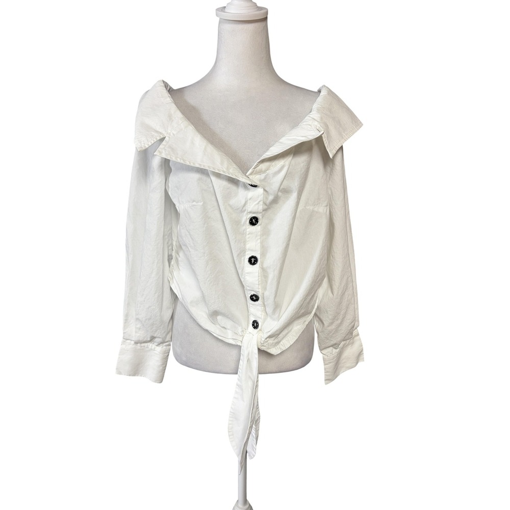 Maeve White Button-Front Tie Hem Blouse